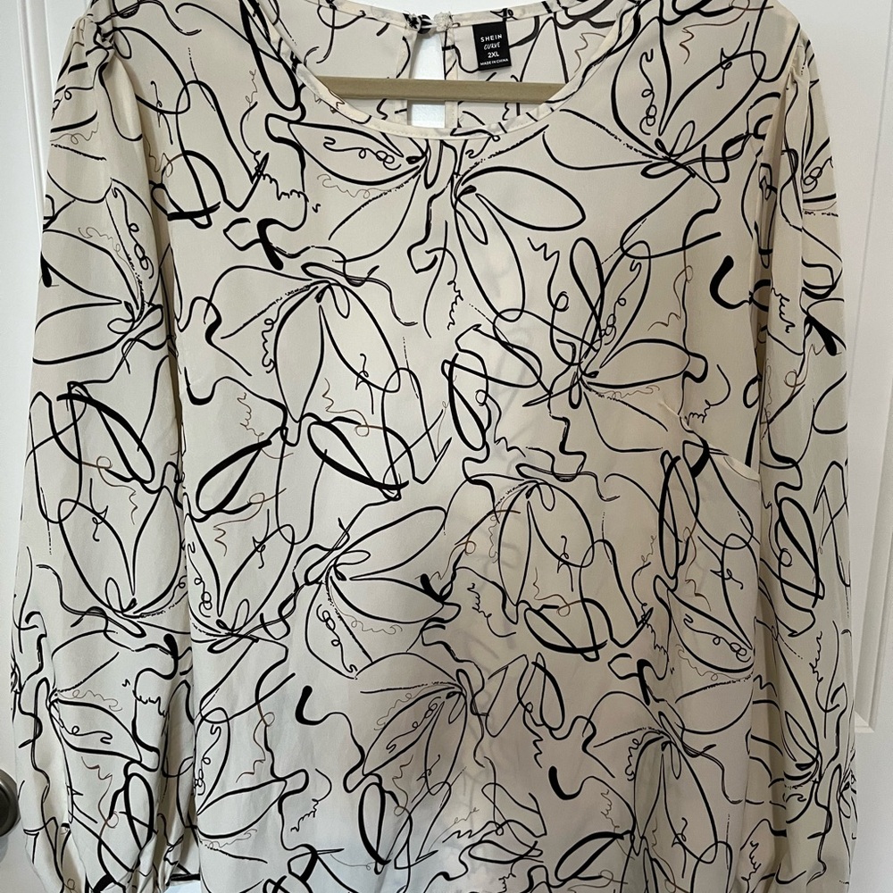 SHEIN Cream and Black Abstract Blouse
